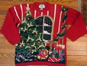 Vintage Tiara International Big Window Christmas Ugly Sweater Women's M Red